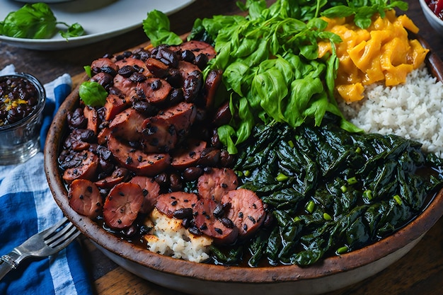 A photograph of a steaming plate of Feijoada brazilian food
