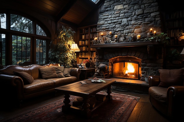 Photograph of a Stone Fireplace in a Cozy Cabin