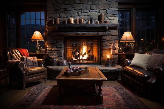 Photograph of a Stone Fireplace in a Cozy Cabin