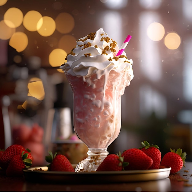 Foto fotografia di frappè alla fragola con panna montata e ciliegia