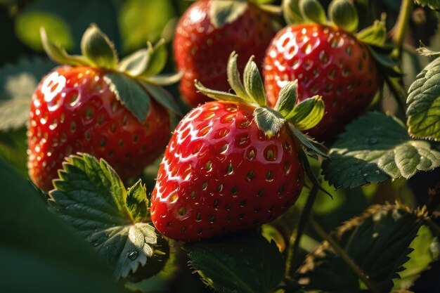 a photograph of a strawberrys on a bush in the sunlight