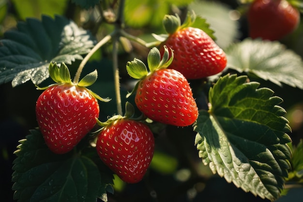 a photograph of a strawberrys on a bush in the sunlight