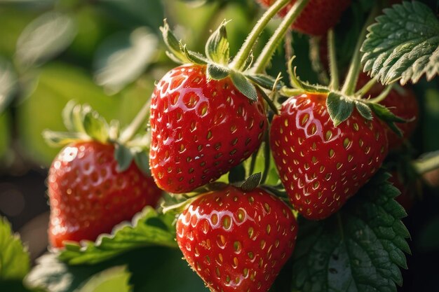 a photograph of a strawberrys on a bush in the sunlight