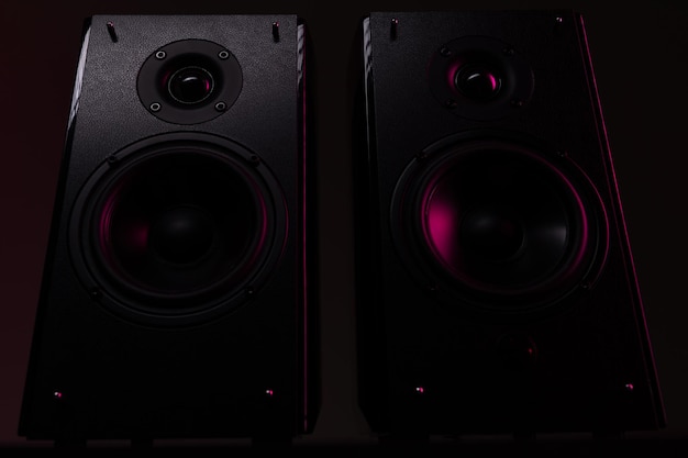 Photograph of a strong speaker on a black background with redpurple illumination bottom view luxury