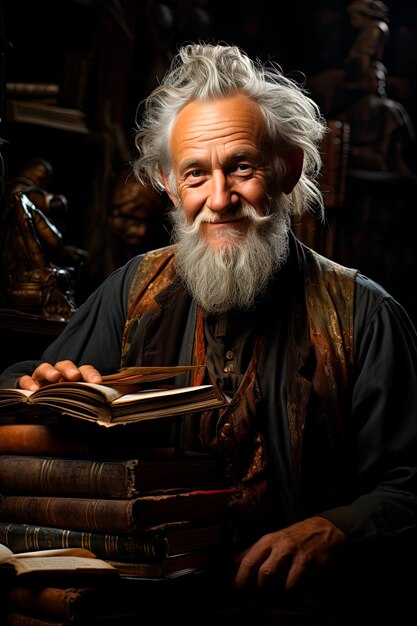 photograph of a teacher among many books