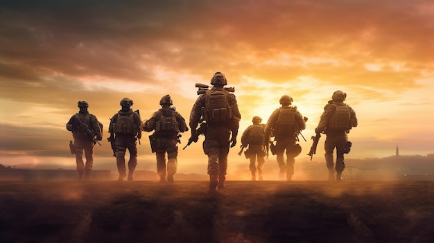 photograph of Team of Modern warfare soldiers moving forward