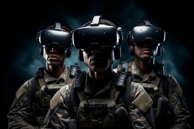 Photograph of a team of three soldiers Military VR technology Soldiers wearing goggles