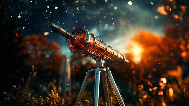 A photograph of a telescope in a sunset background