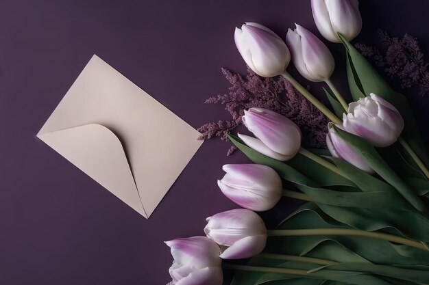 Photograph Of Top View Of Copy Space And Lavender Envelope And Bouquet Of White Tulips With Copy Paste Lavender Background Generative AI