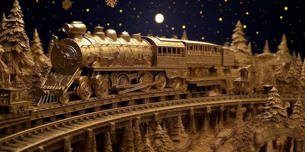 A photograph of a train in gold in an art