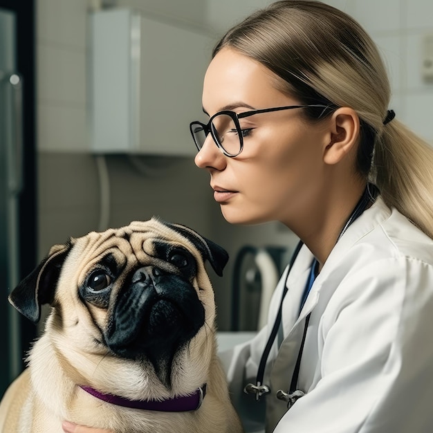 Photograph of a veterinarian in consultation with a dog