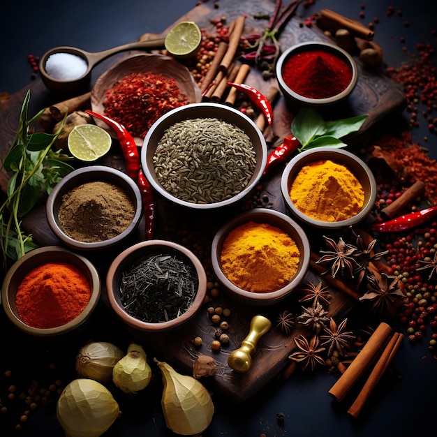 Photograph the vibrant colors and textures of different spices and herbs in the kitchen