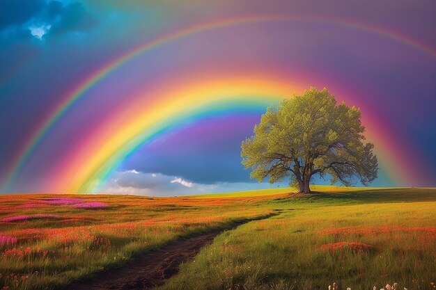 Foto una fotografia di un arcobaleno vibrante che si innalza su un prato in fiore