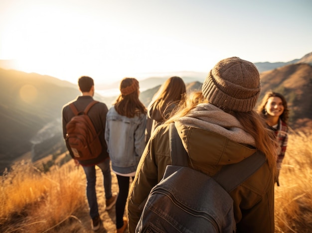 자연의 산악에서 산책하는 친구들의 그룹의 뒤쪽 사진