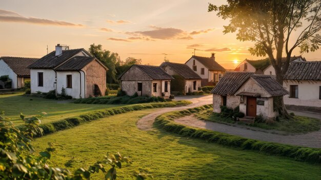 a photograph of a village in nature landscape sunset