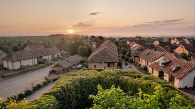 a photograph of a village in nature landscape sunset