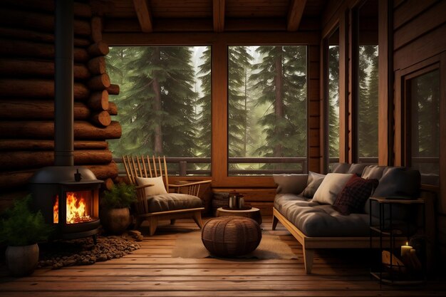 Photograph of a Warm Log Cabin Generative Ai