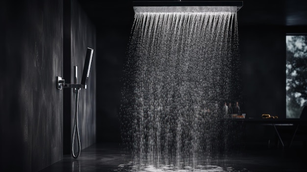 Foto fotografia dell'acqua che scorre da un soffione della doccia in un bagno con uno sfondo nero scuro interni dal design scandinavo e moderno