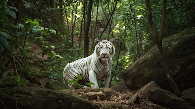 photograph of a white tiger in the indian jungles of madhya pradesh