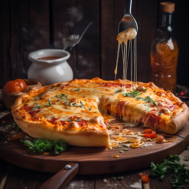 Photograph of a whole pizza capturing its mouthwatering appeal featuring a medley of toppings and m