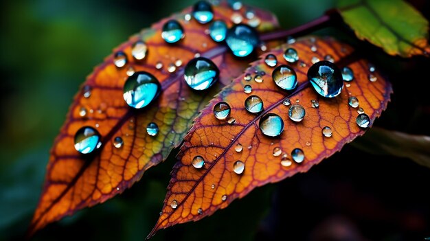 a photograph with dewdrops on leaves