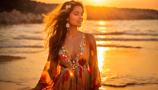 Photograph of a woman on the beach in a dress