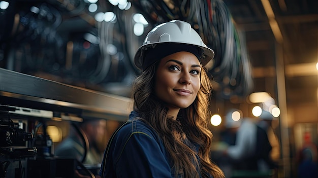 photograph of Woman engineer in helmet wide angle lens daylight white