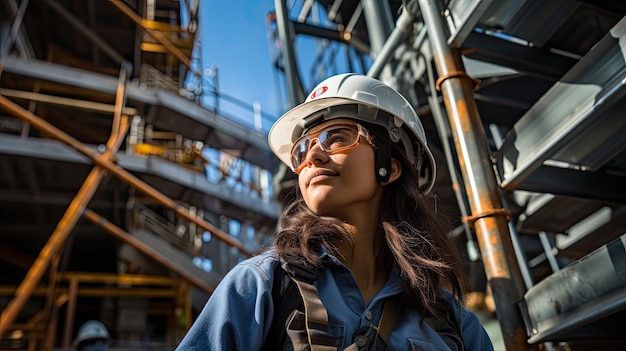 photograph of Woman engineer in helmet wide angle lens daylight white