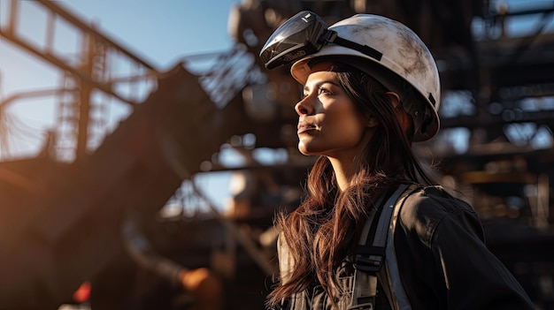 фотография женщины-инженера в шлеме с широкоугольным объективом, дневной свет, белый