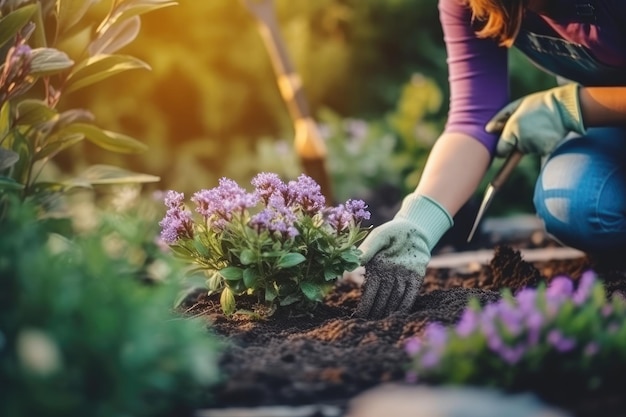 Photograph of a woman in garden gloves planting flowers to grow flowers in her garden Generative AI