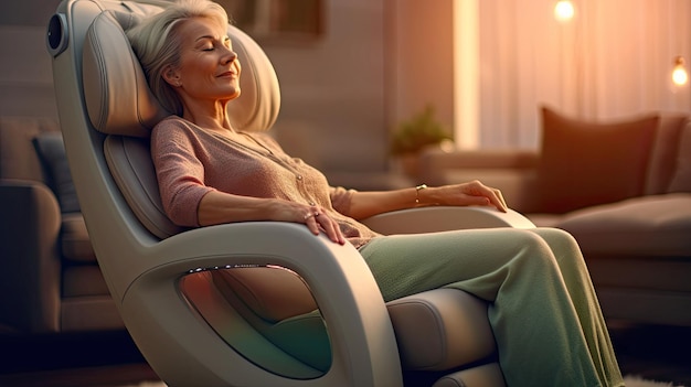 photograph of A woman relaxing on the massage chair in the living room