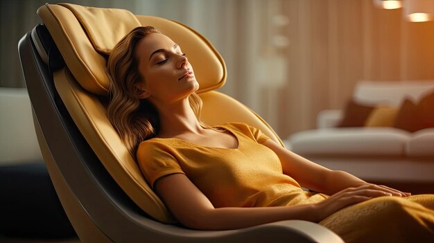 photograph of A woman relaxing on the massage chair in the living room