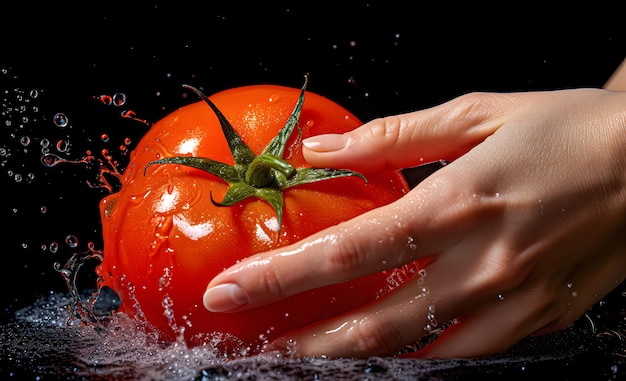 A photograph of women's hands closeup washing a tomato under running water in a sink Generative AI