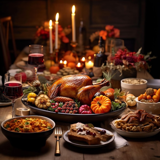 Photo photograph of a wonderful decorated thanksgiving table full with food and loveley details