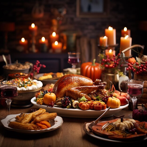 Photo photograph of a wonderful decorated thanksgiving table full with food and loveley details