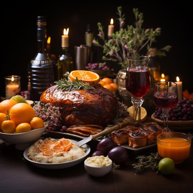 Photo photograph of a wonderful decorated thanksgiving table full with food and loveley details