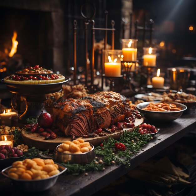 Photo photograph of a wonderful decorated thanksgiving table full with food and loveley details