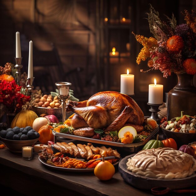 Photo photograph of a wonderful decorated thanksgiving table full with food and loveley details