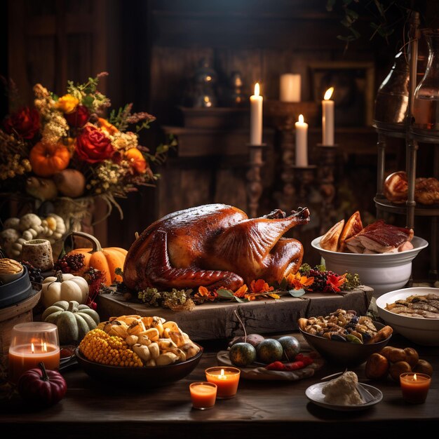 Photograph of a wonderful decorated thanksgiving table full with food and loveley details