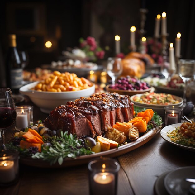 Photograph of a wonderful decorated thanksgiving table full with food and loveley details