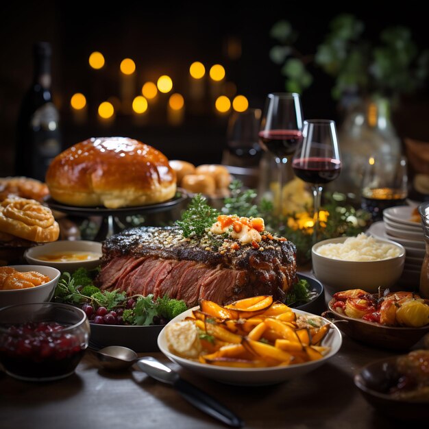 Photograph of a wonderful decorated thanksgiving table full with food and loveley details