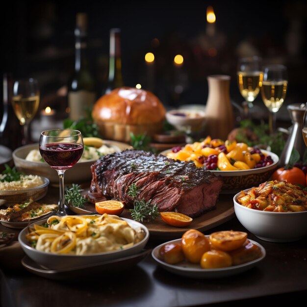 Photograph of a wonderful decorated thanksgiving table full with food and loveley details