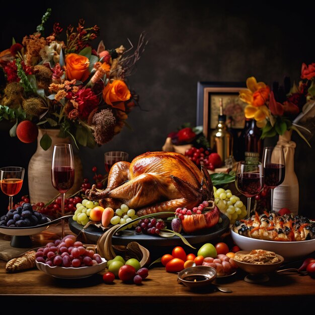 Photo photograph of a wonderful decorated thanksgiving table full with food and loveley details