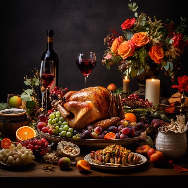 Фотография прекрасного украшенного стола благодарения, полного еды и красивых деталей