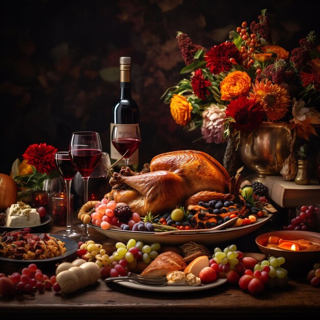 Photograph of a wonderful decorated thanksgiving table full with food and loveley details