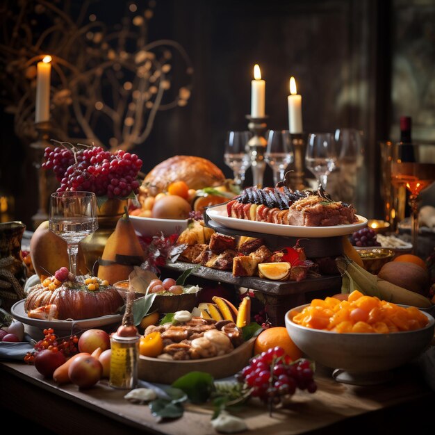 Photo photograph of a wonderful decorated thanksgiving table full with food and loveley details