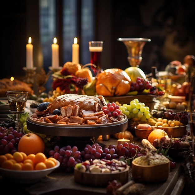 Photograph of a wonderful decorated thanksgiving table full with food and loveley details
