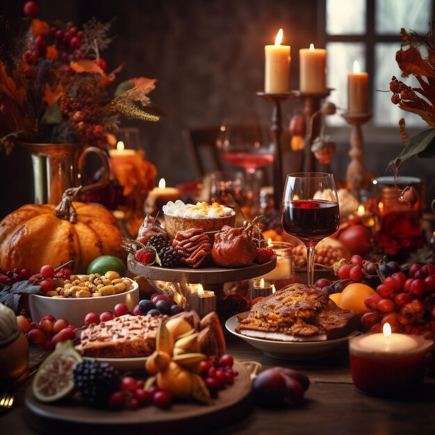 Photograph of a wonderful decorated thanksgiving table full with food and loveley details