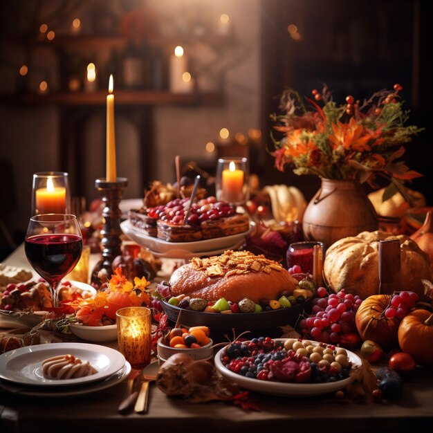 Photograph of a wonderful decorated thanksgiving table full with food and loveley details