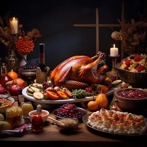 Photograph of a wonderful decorated thanksgiving table full with food and loveley details